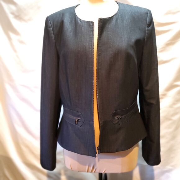 Calvin Klein Fitted Jacket Blue Faux Denim Zip Front Pockets Full Zip, Size 12 - Picture 1 of 13